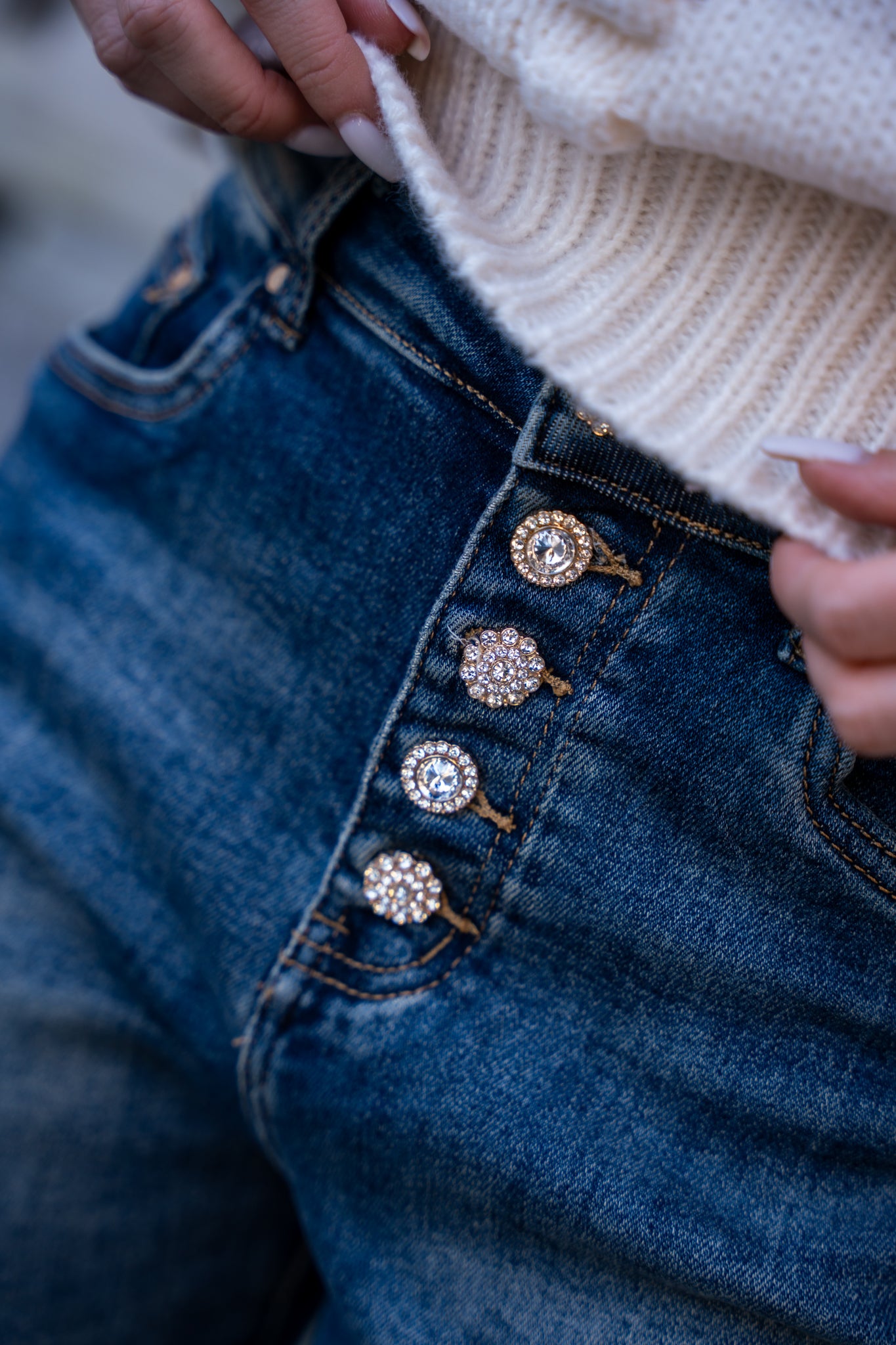 Jeansy Slim-Fit z Podwijanym Dołem- Granatowy / S