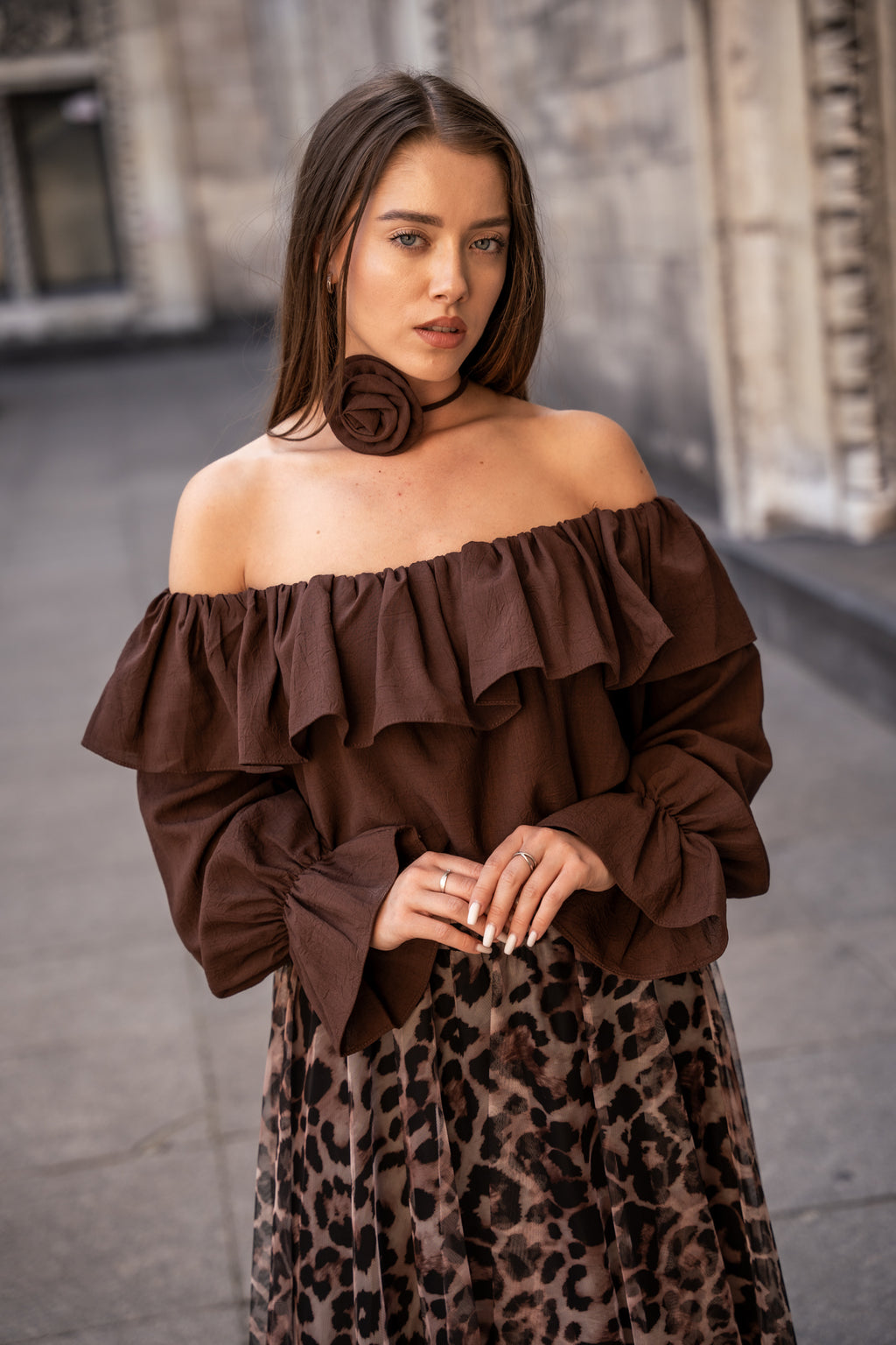 Bluzka Hiszpanka z Marszczeniami- Brązowy / Uniwersalny