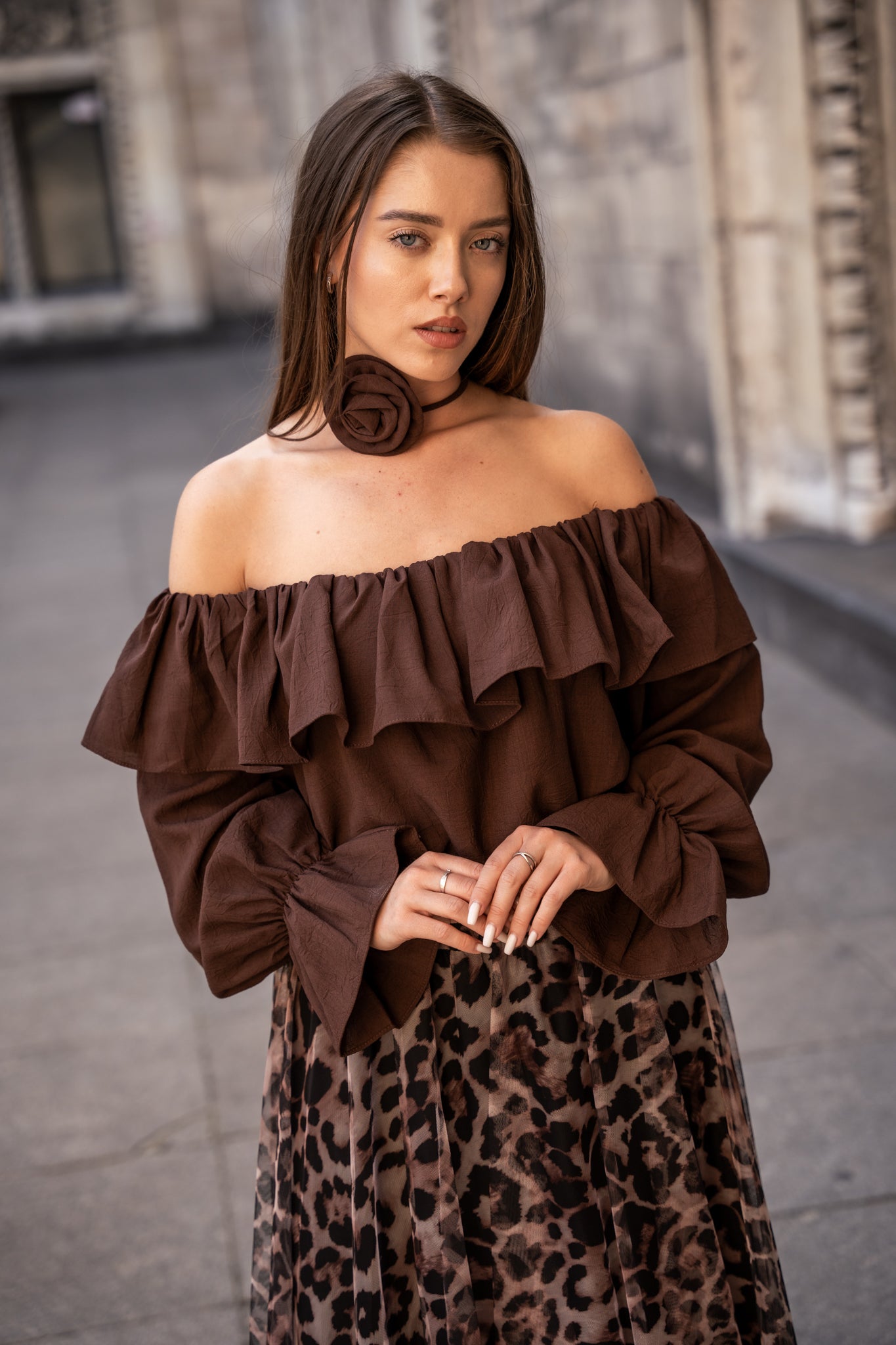 Bluzka Hiszpanka z Marszczeniami- Brązowy / Uniwersalny