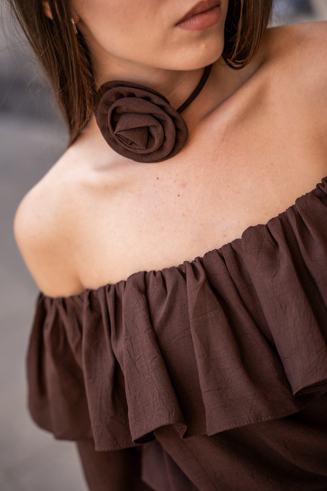 Bluzka Hiszpanka z Marszczeniami- Brązowy / Uniwersalny