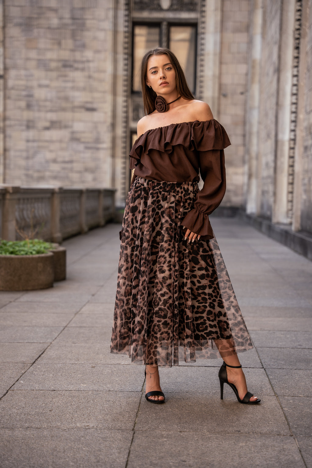 Plisowana Spódnica Maxi w Zwierzęcy Wzór- Brązowy / Uniwersalny