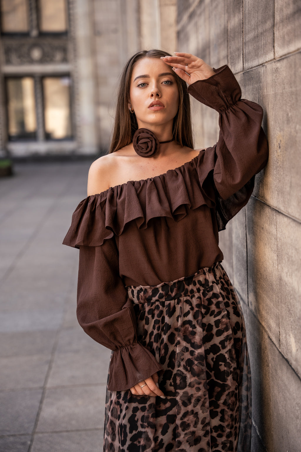 Plisowana Spódnica Maxi w Zwierzęcy Wzór- Brązowy / Uniwersalny