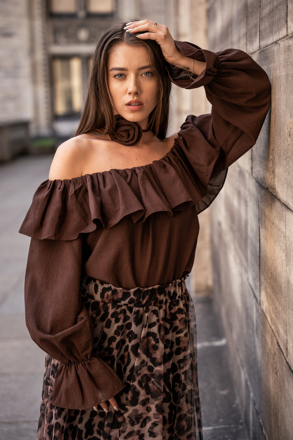 Bluzka Hiszpanka z Marszczeniami- Brązowy / Uniwersalny