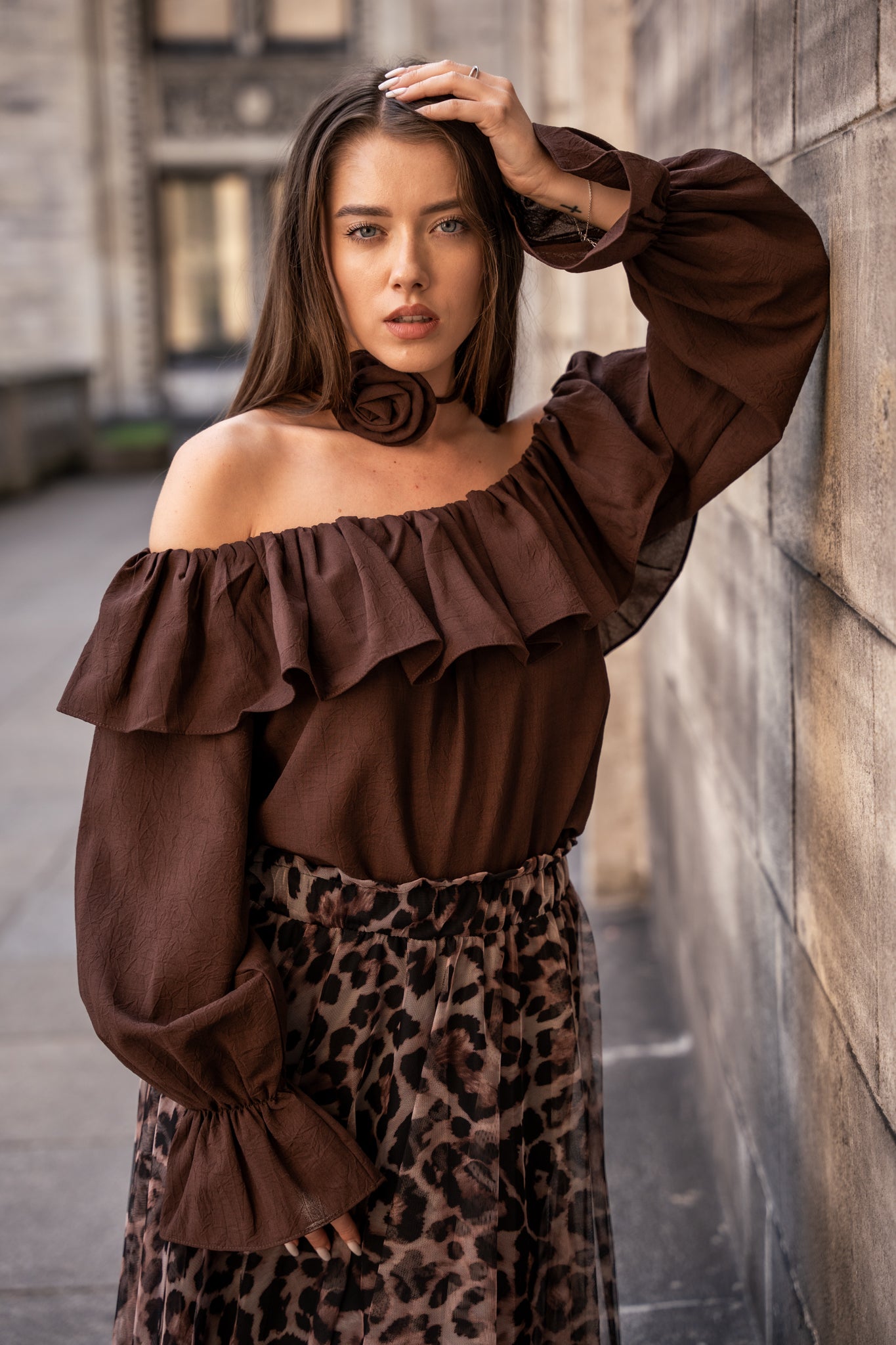 Bluzka Hiszpanka z Marszczeniami- Brązowy / Uniwersalny