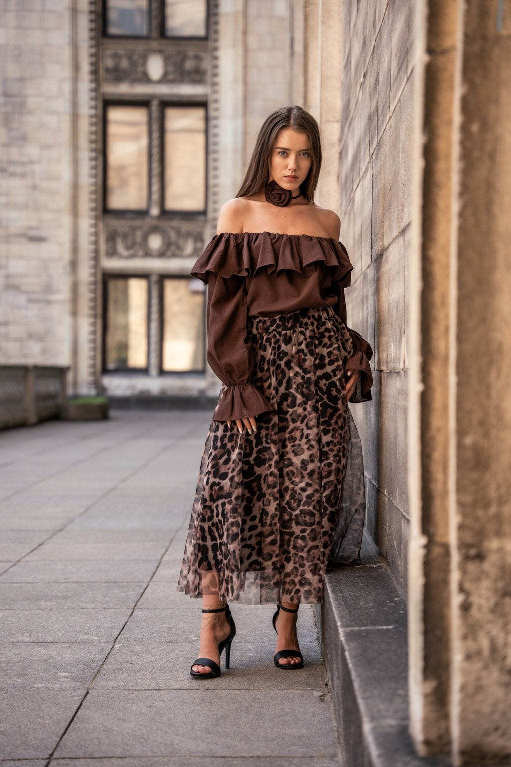 Bluzka Hiszpanka z Marszczeniami- Brązowy / Uniwersalny