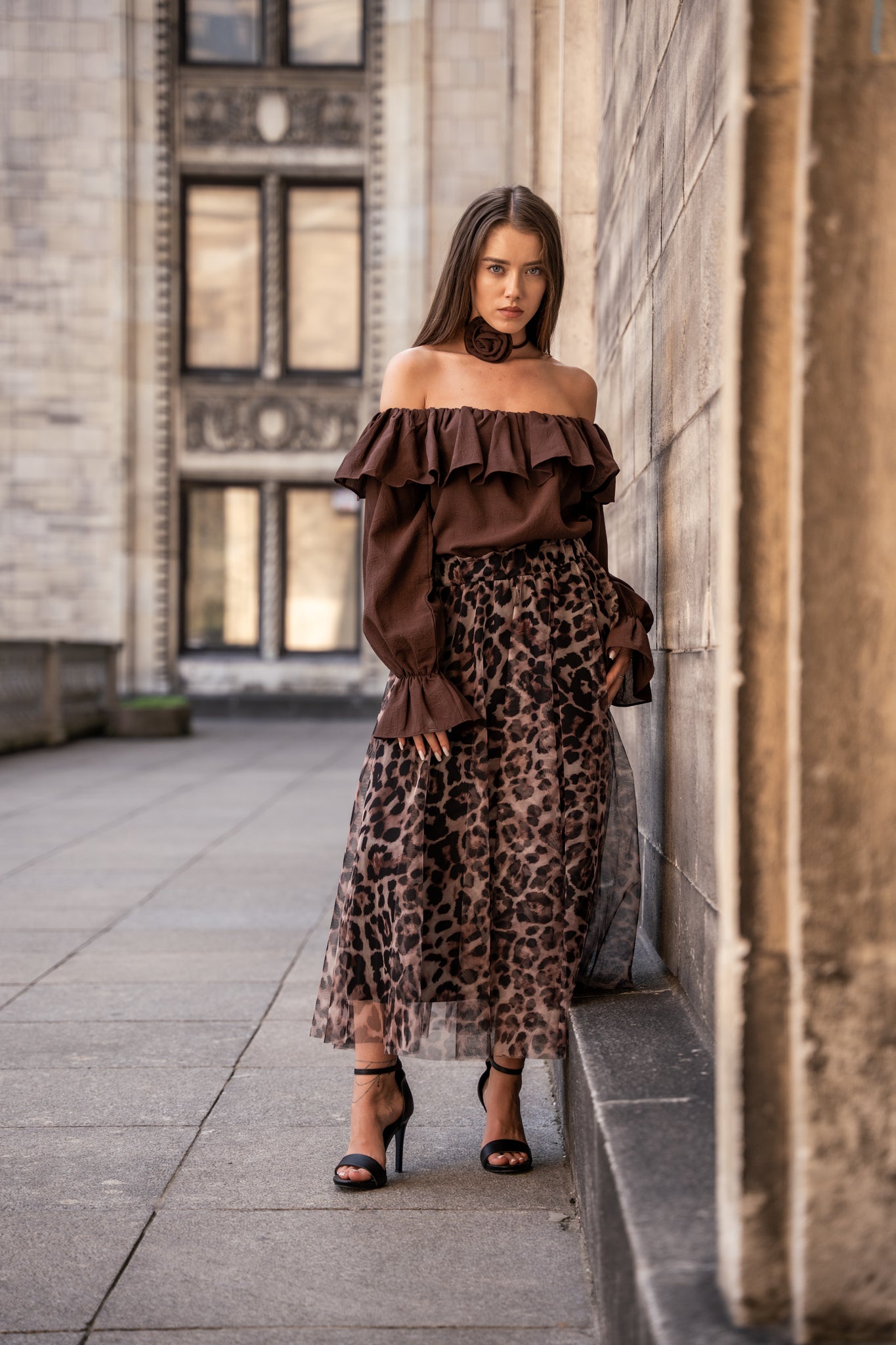 Bluzka Hiszpanka z Marszczeniami- Brązowy / Uniwersalny