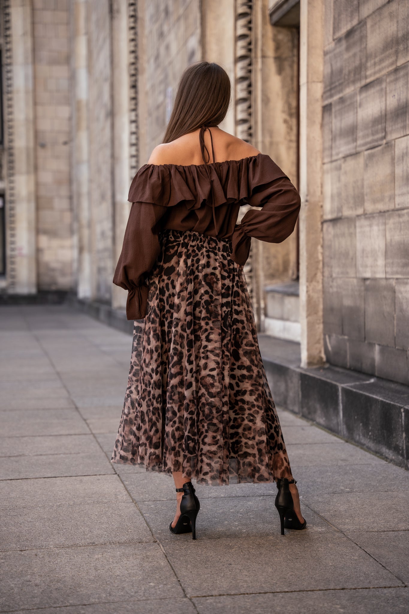 Bluzka Hiszpanka z Marszczeniami- Brązowy / Uniwersalny