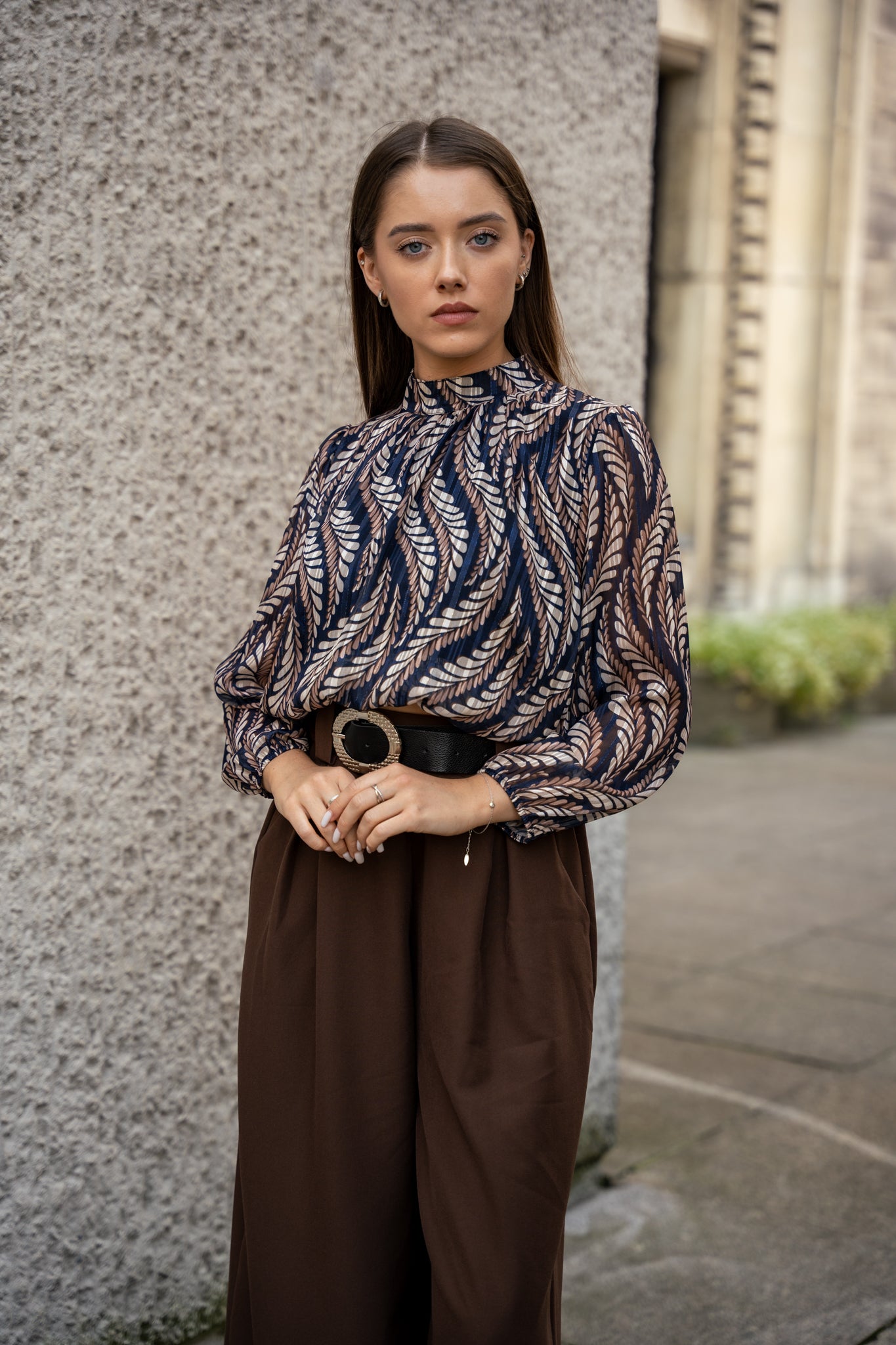 Szerokie Spodnie z Wysokim Stanem i Paskiem- Brązowy / Uniwersalny