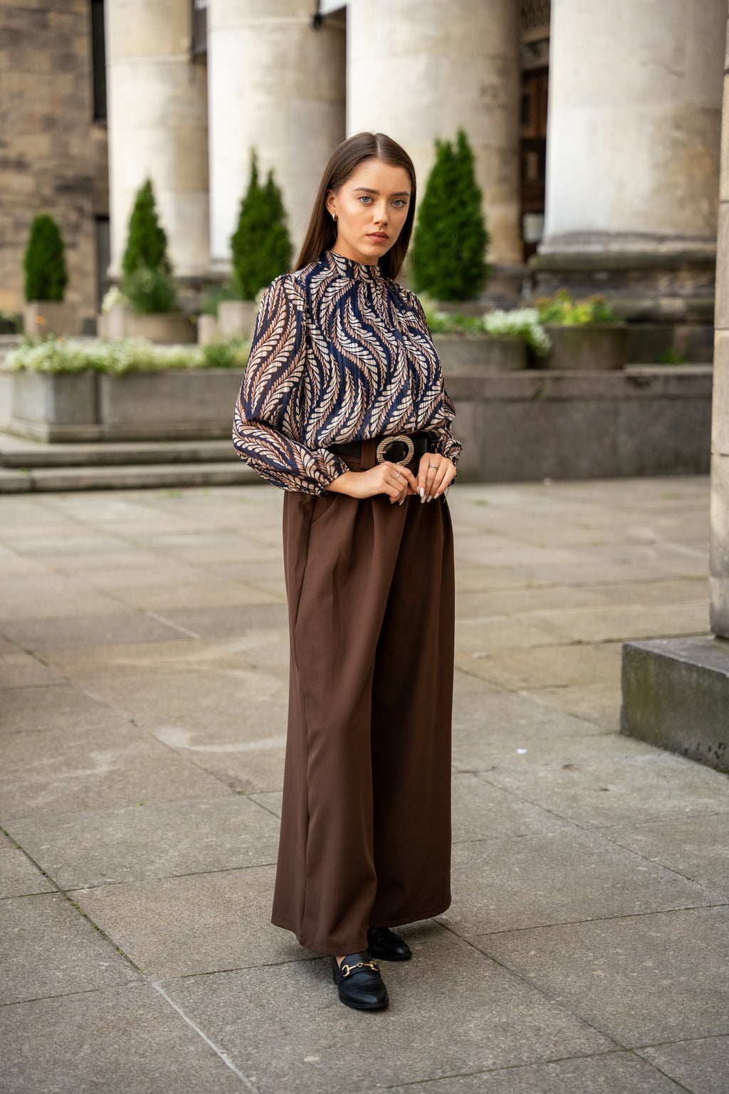 Szerokie Spodnie z Wysokim Stanem i Paskiem- Brązowy / Uniwersalny