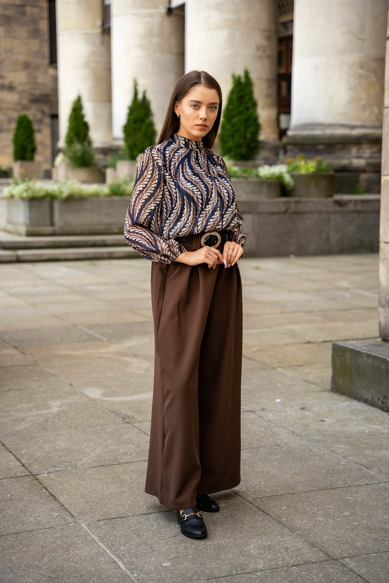 Szerokie Spodnie z Wysokim Stanem i Paskiem- Brązowy / Uniwersalny