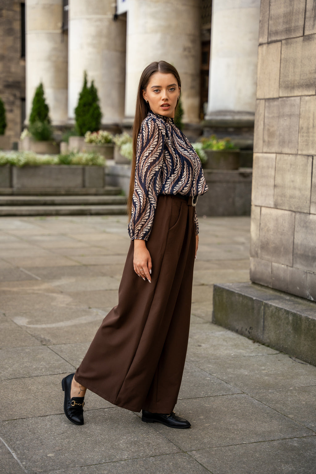 Szerokie Spodnie z Wysokim Stanem i Paskiem- Brązowy / Uniwersalny