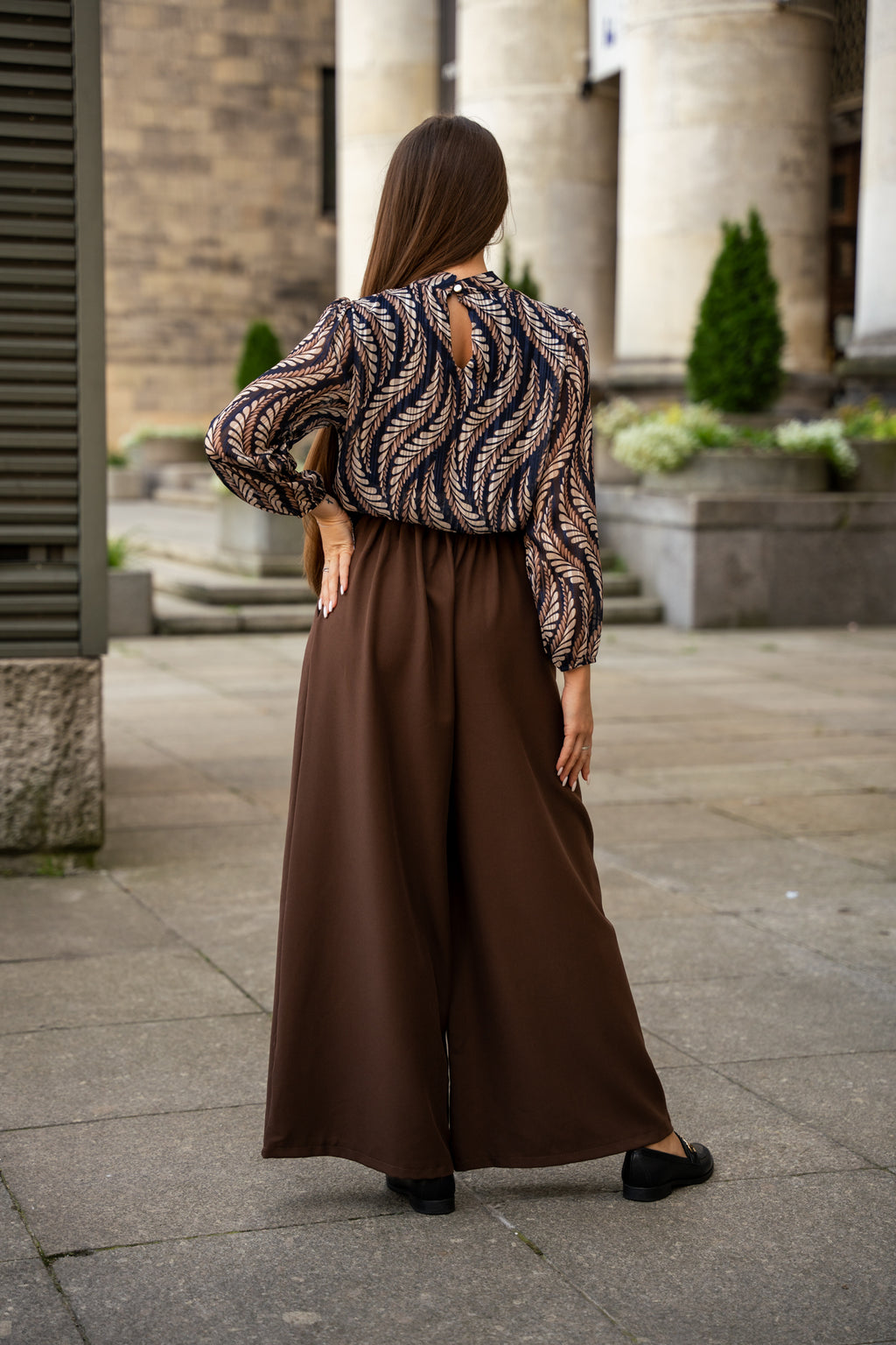 Szerokie Spodnie z Wysokim Stanem i Paskiem- Brązowy / Uniwersalny