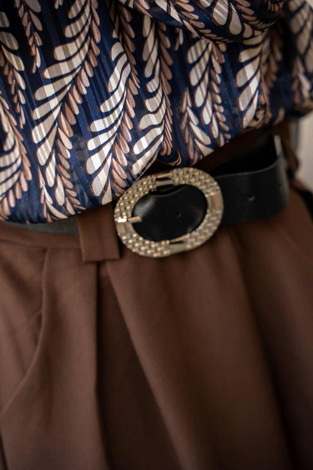 Szerokie Spodnie z Wysokim Stanem i Paskiem- Brązowy / Uniwersalny