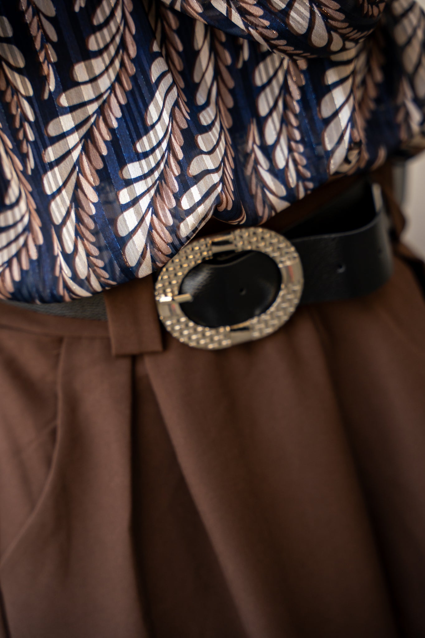 Szerokie Spodnie z Wysokim Stanem i Paskiem- Brązowy / Uniwersalny