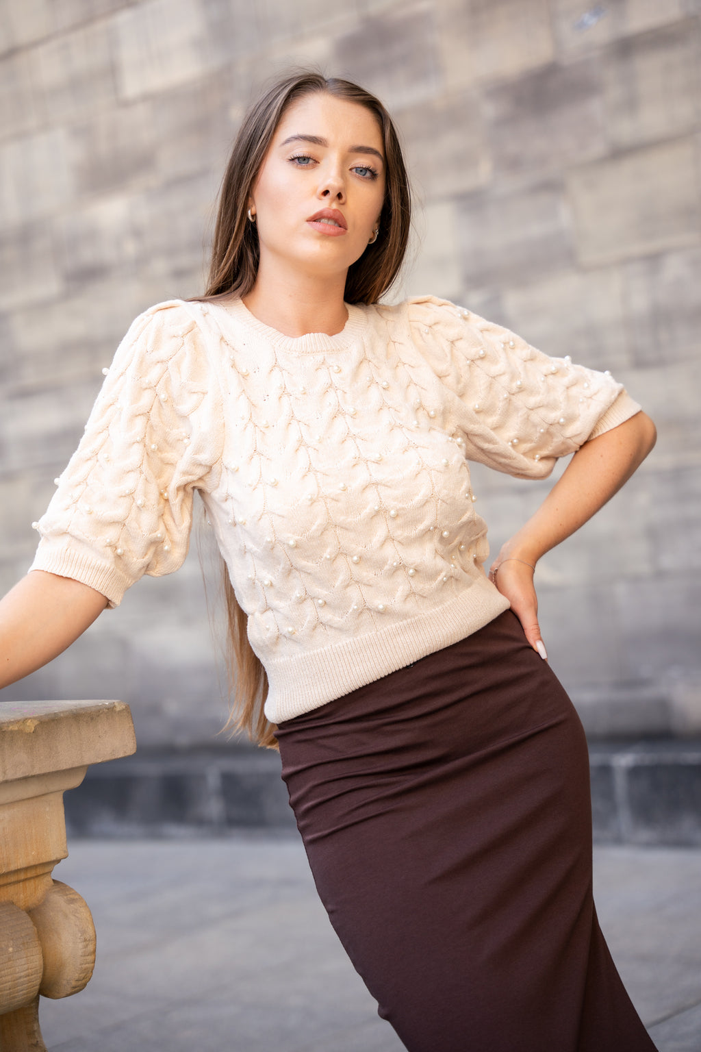 Dopasowana Spódnica z Rozcięciem- Brązowy / S