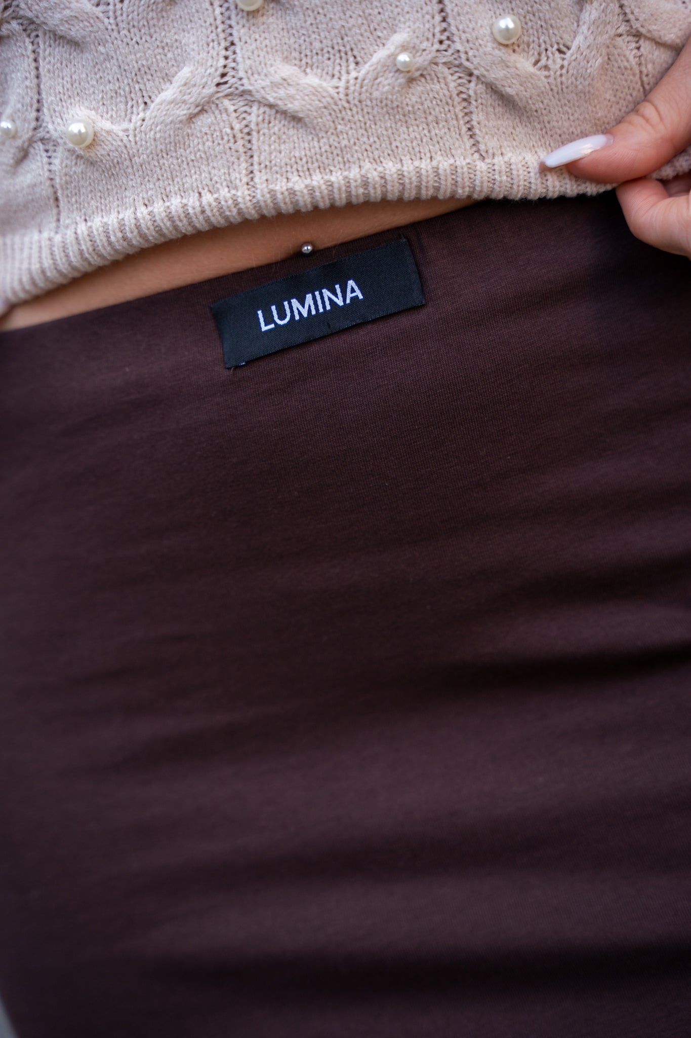 Dopasowana Spódnica z Rozcięciem- Brązowy / S