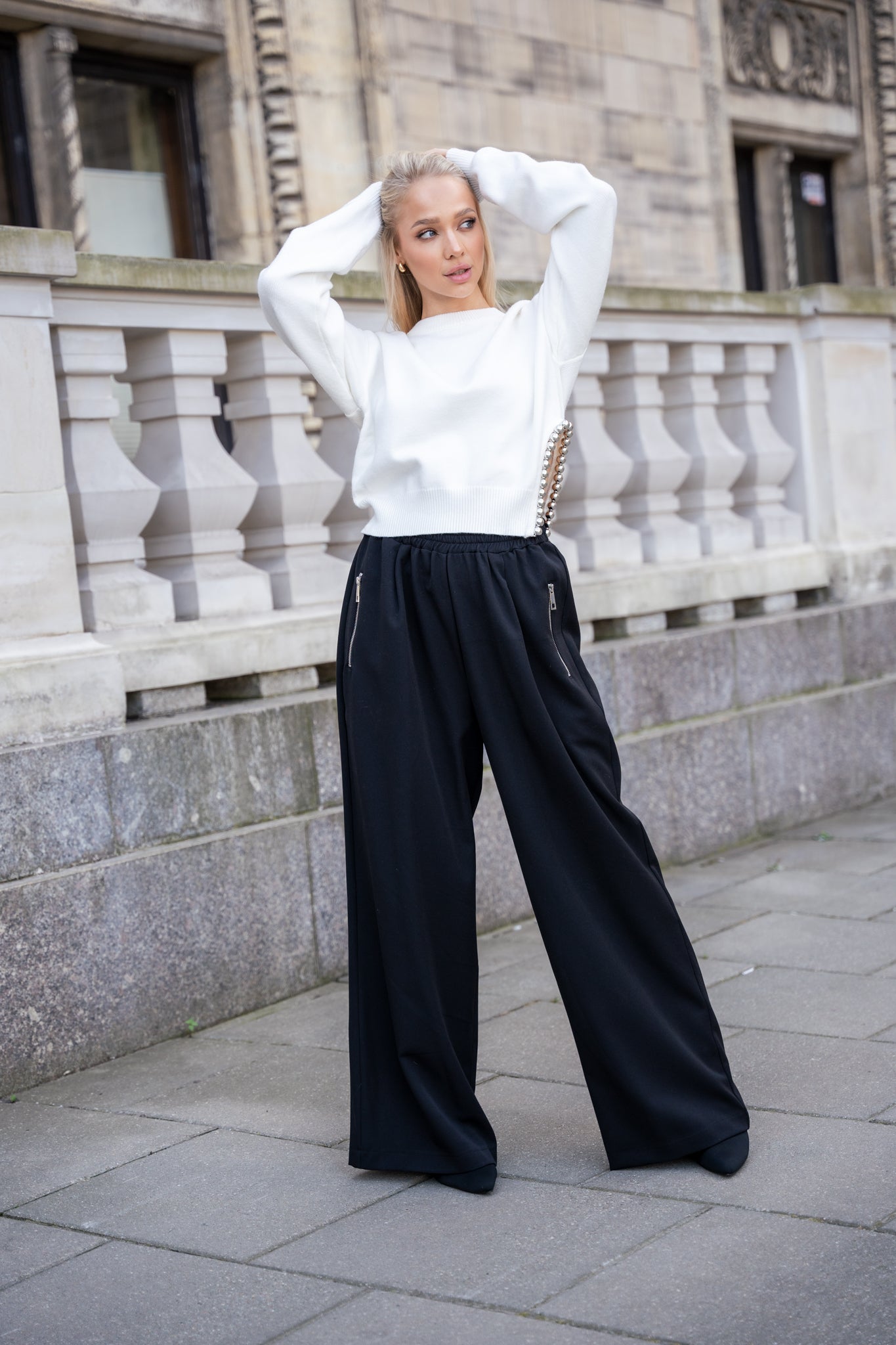 Spodnie Palazzo z Zamkami- Czarny / M/L