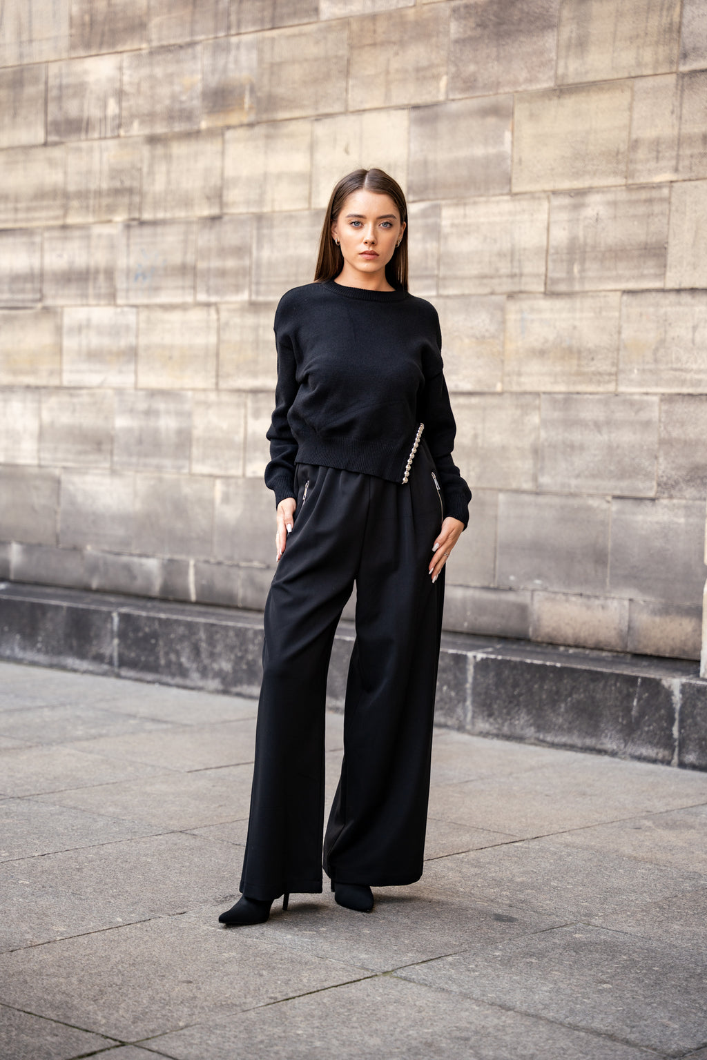 Spodnie Palazzo z Zamkami- Czarny / M/L