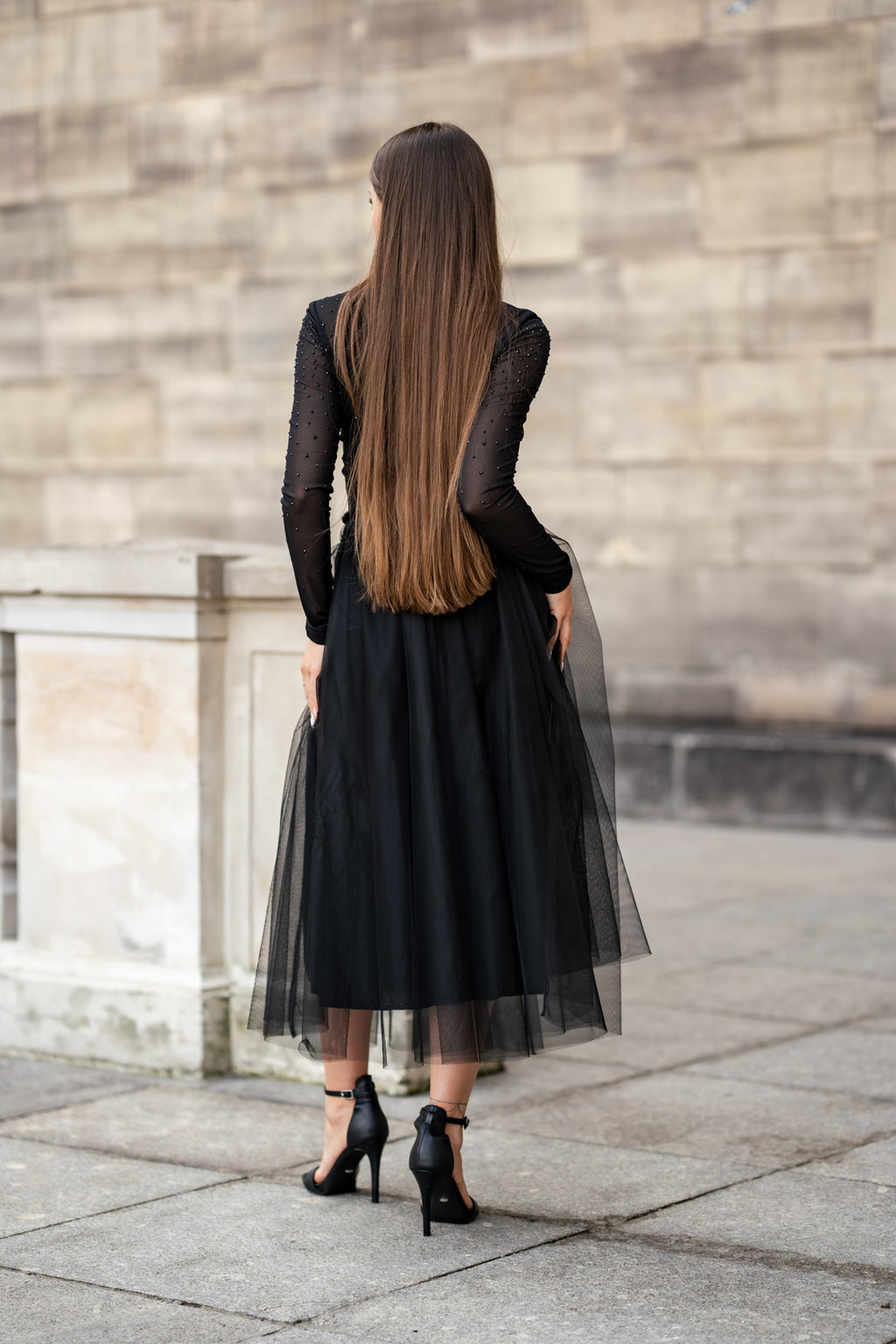 Przezroczysta Bluzka z Aksamitnymi Aplikacjami- Czarny / S/M