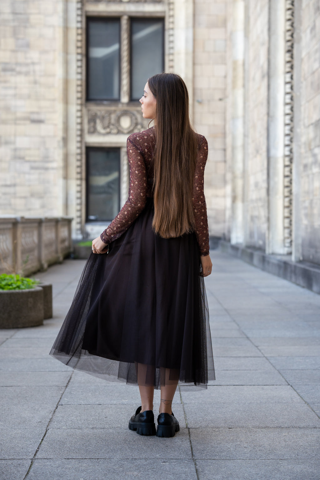 Bluzka z Przezroczystymi Rękawami i Kwiatowym Wzorem- Bordowy / Uniwersalny