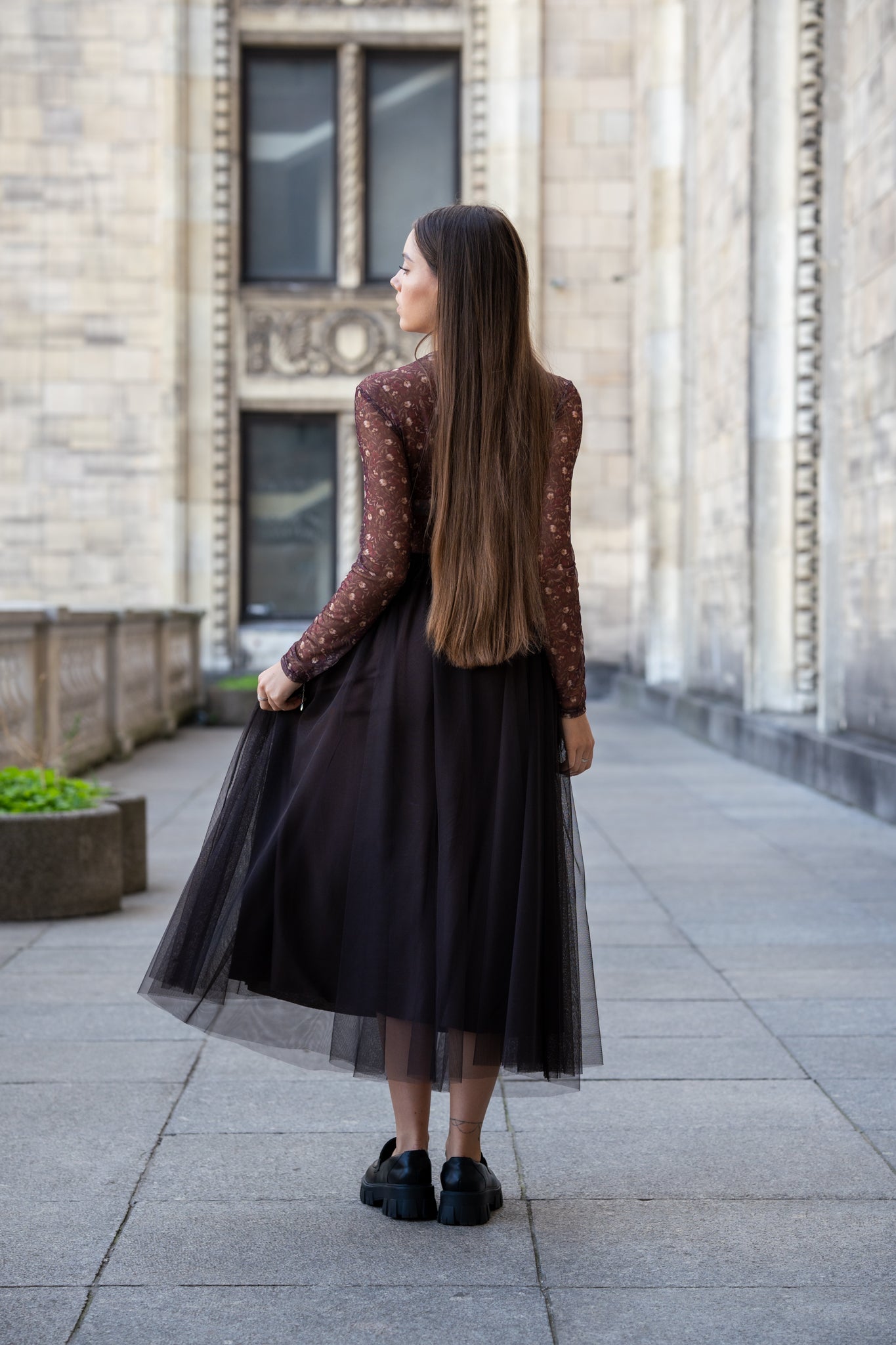 Bluzka z Przezroczystymi Rękawami i Kwiatowym Wzorem- Bordowy / Uniwersalny