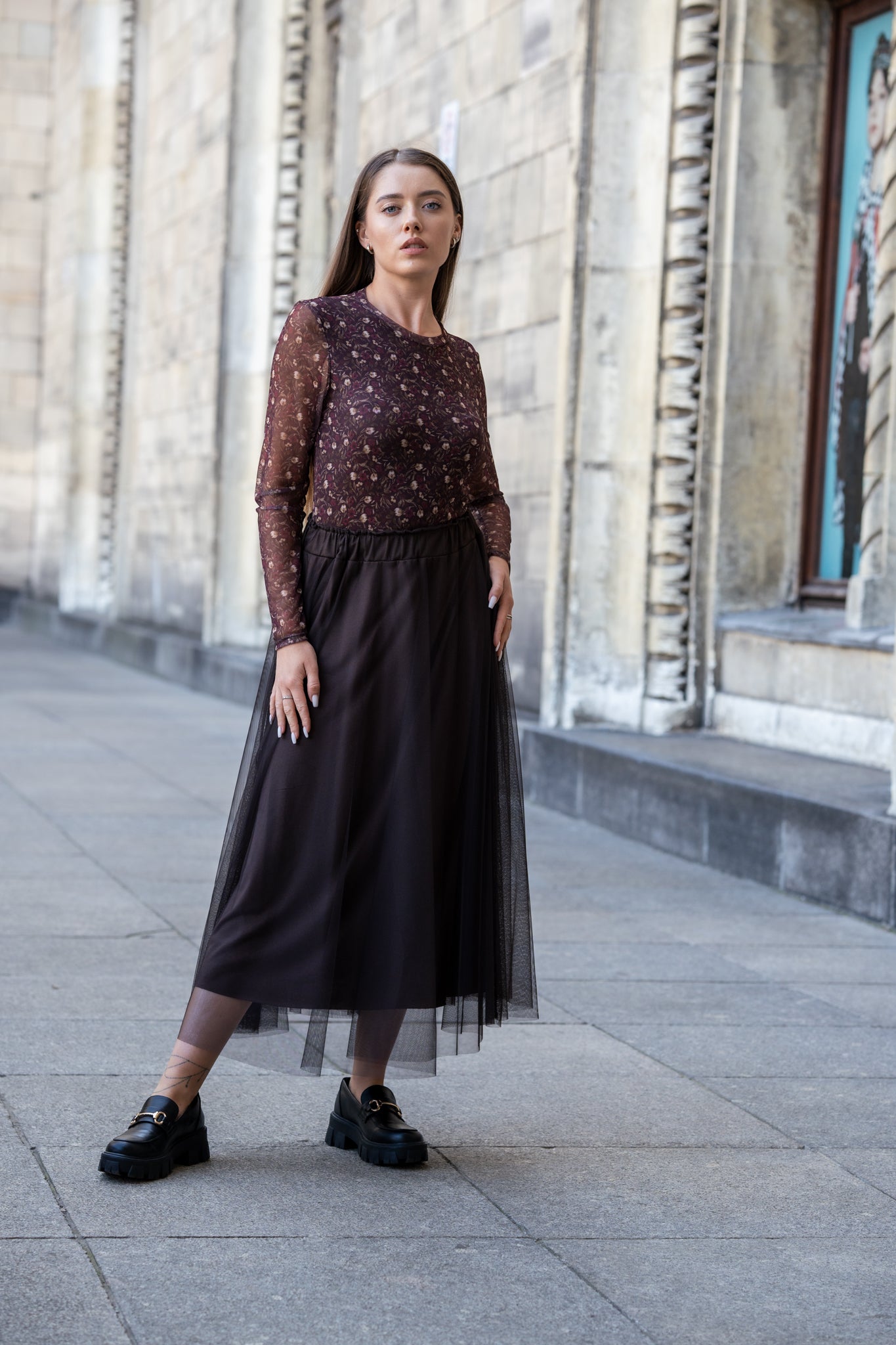 Bluzka z Przezroczystymi Rękawami i Kwiatowym Wzorem- Bordowy / Uniwersalny