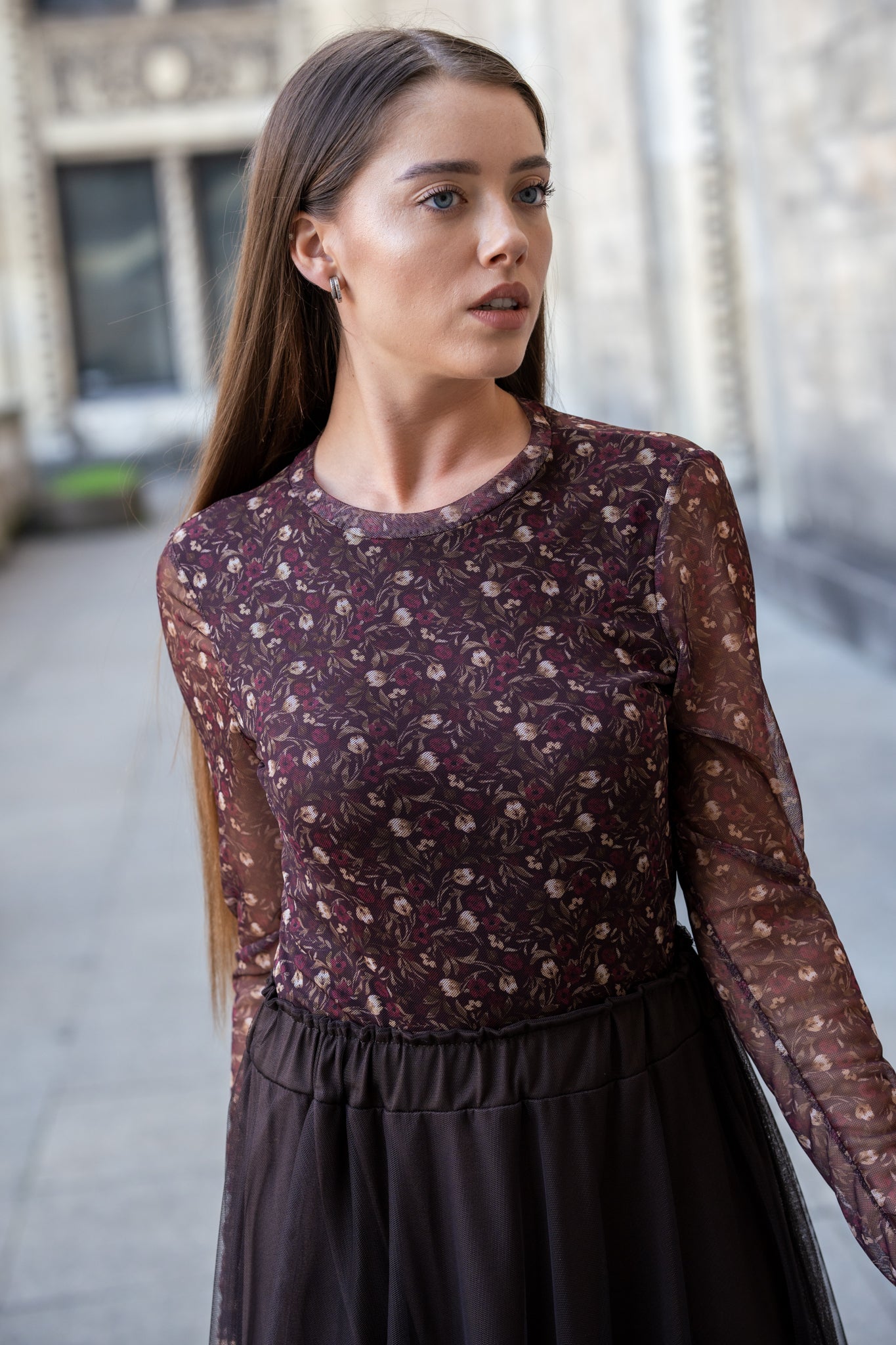 Bluzka z Przezroczystymi Rękawami i Kwiatowym Wzorem- Bordowy / Uniwersalny