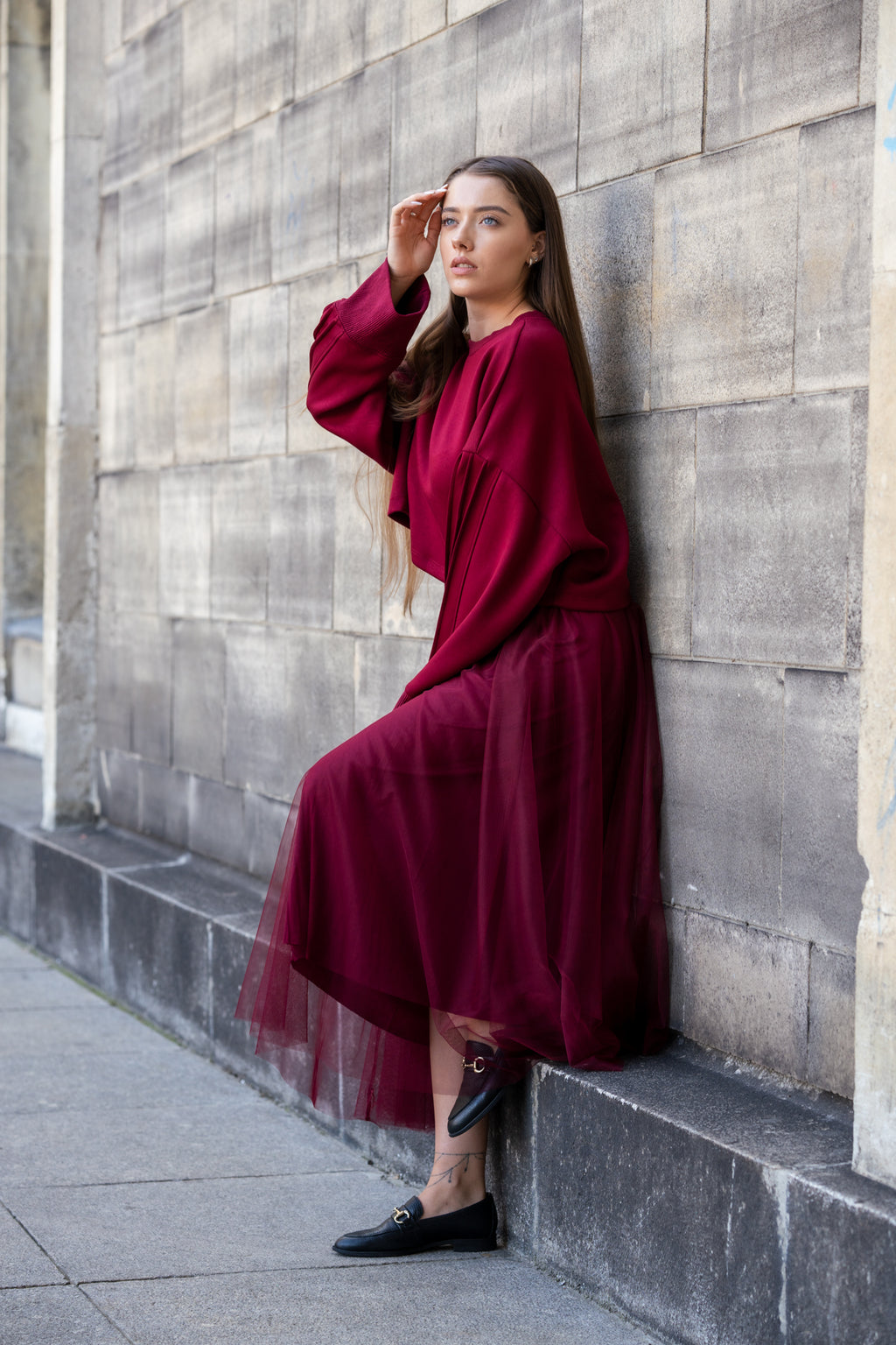 Krótka Bluza Oversize z Długimi Rękawami- Bordowy / Uniwersalny