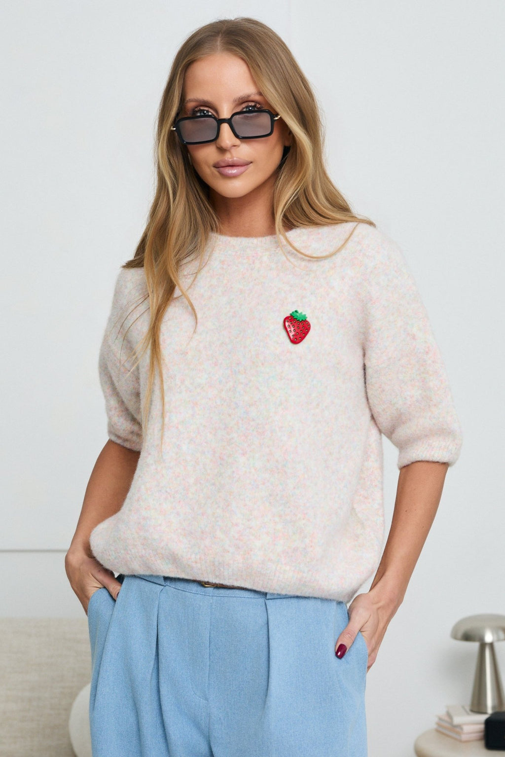 SWETER LALOUS Z KRÓTKIM RĘKAWEM- Beżowy / Uniwersalny