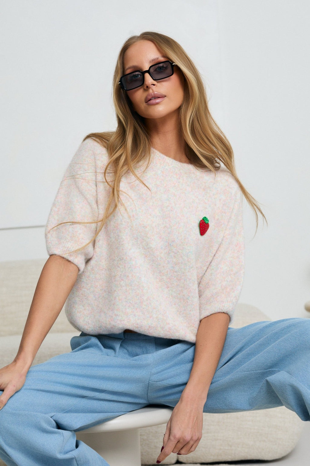 SWETER LALOUS Z KRÓTKIM RĘKAWEM- Beżowy / Uniwersalny