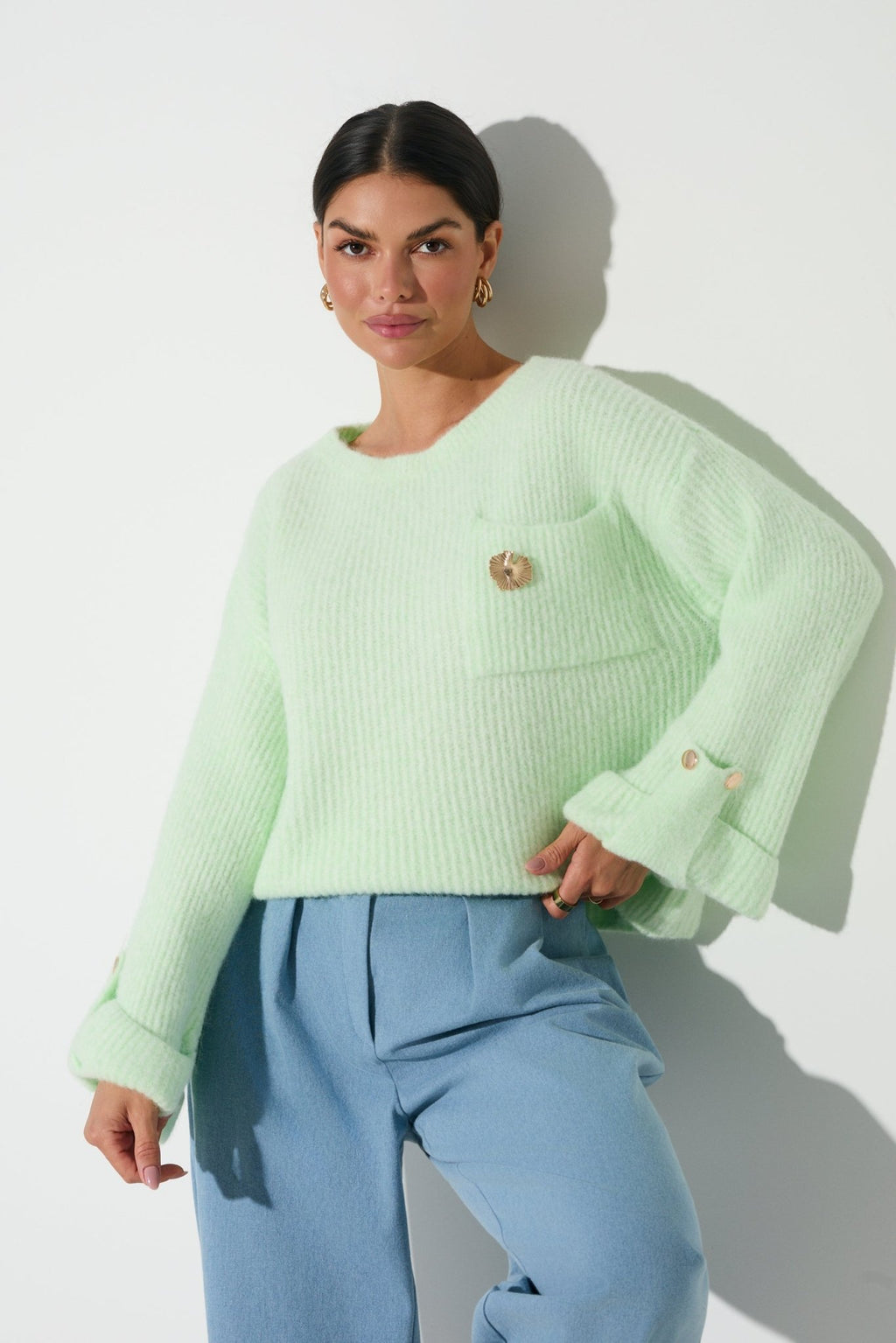 SWETER LALOUS Z ROZSZERZANYM RĘKAWEM- Miętowy / Uniwersalny