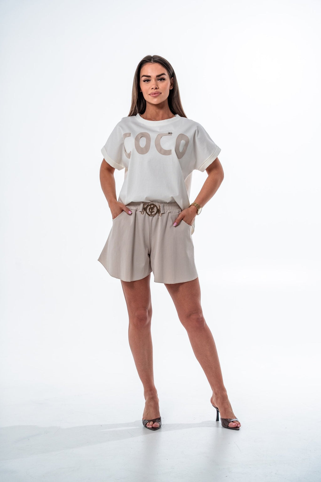 T-SHIRT Z NADRUKIEM- Beżowy / Uniwersalny